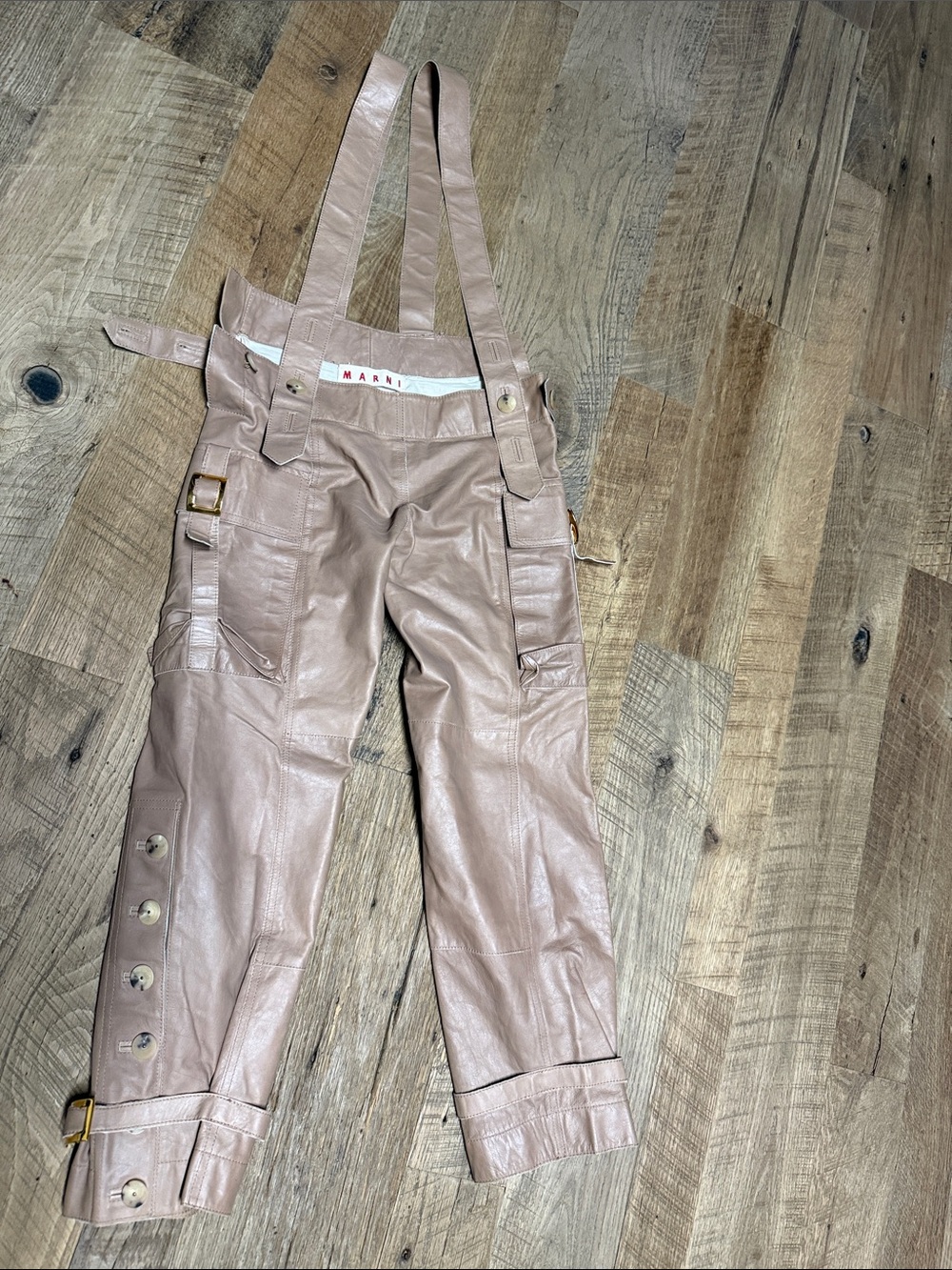 Marni Blush Taupe Leather Cargo Pants with Suspenders